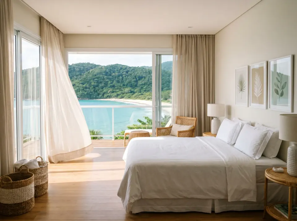 Quarto claro de pousada à beira-mar, com a cama arrumada e a porta aberta para uma varanda com vista para a praia